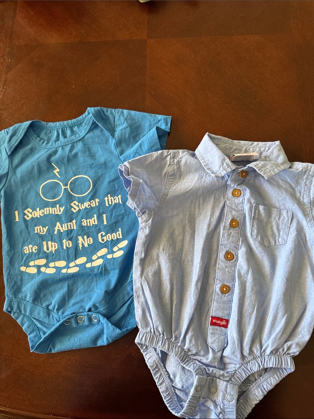 Wrangler Light Blue Button Romper with Bright Blue Graphic Onesie